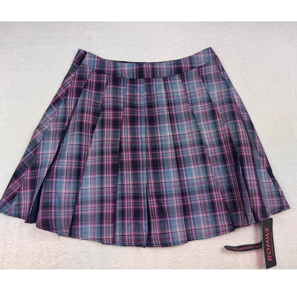 Romwe Purple Blue Plaid Pleated Mini Skirt NWT Large Schoolgirl Academic Style